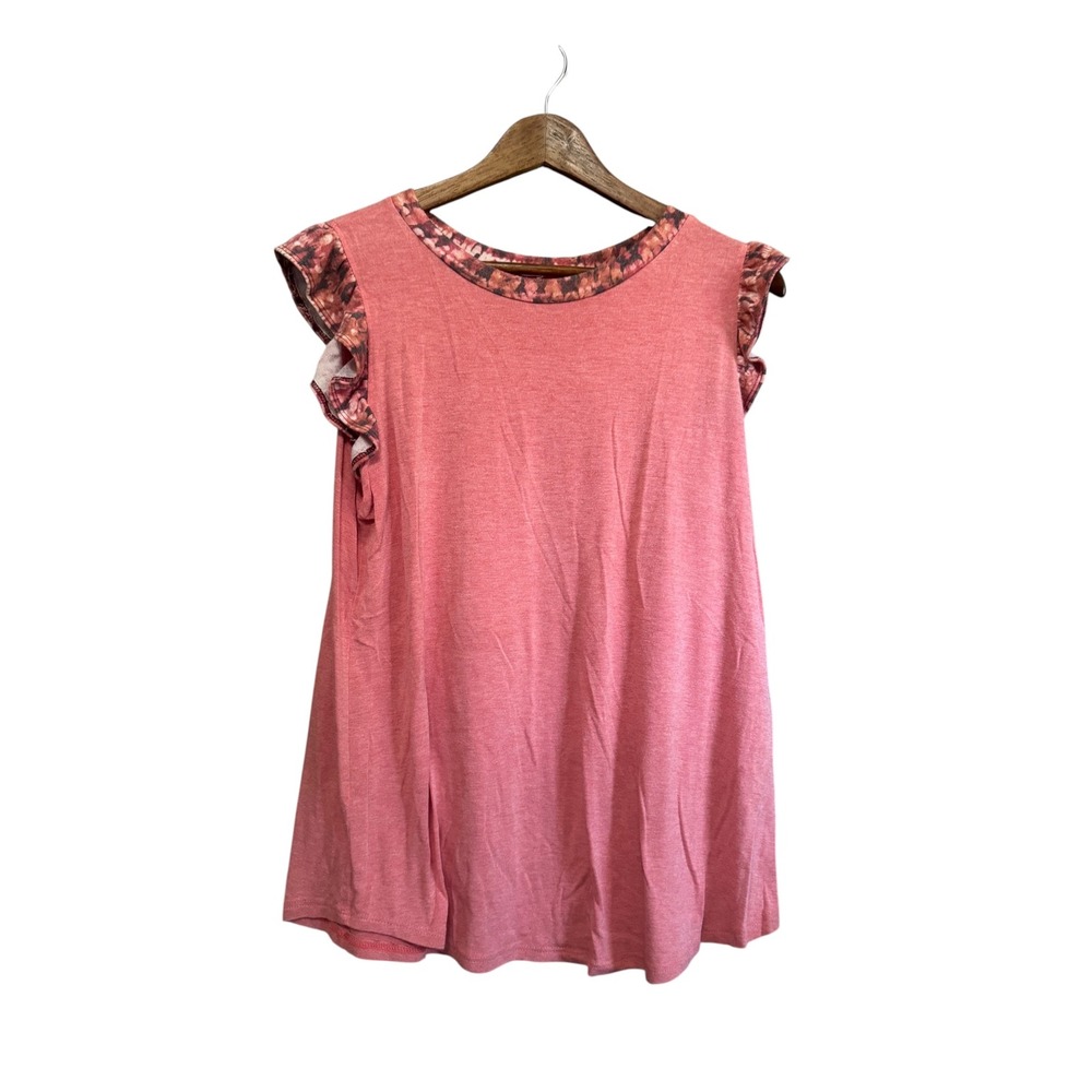 Ces Femme Ruffle Sleeve Top Womens Small Pink Excellent Floral Trim Knit Blouse